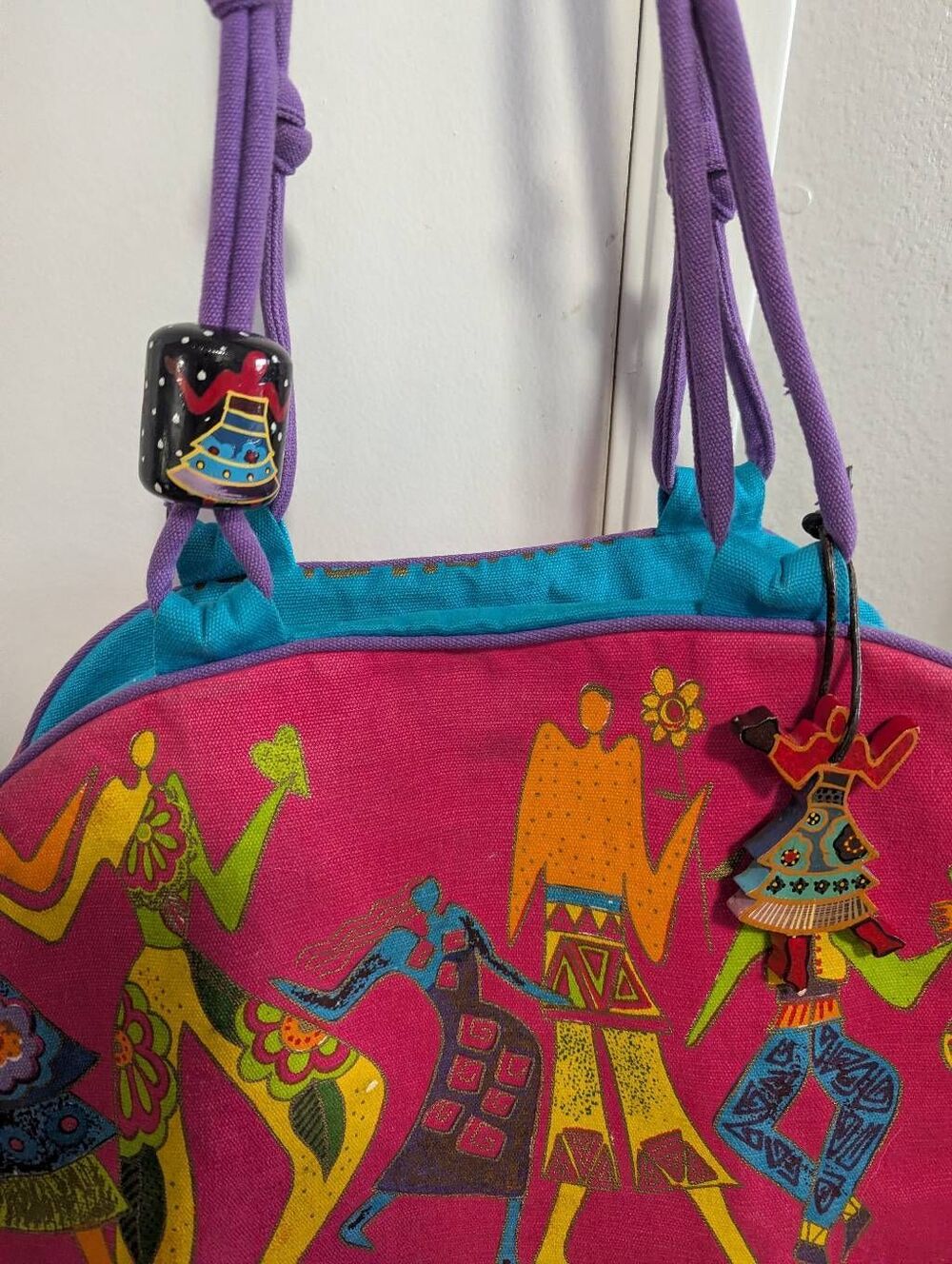 90s Laurel Burch multicolor dancing people large duffle overnight beach bag - Picture 5 of 10